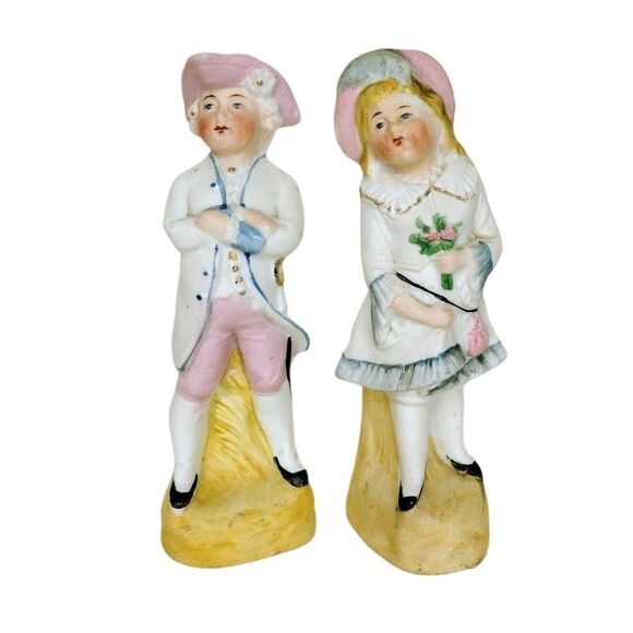 Vintage Bisque Girl and Boy Rosy Cheeks Porcelain Figurines Made in Germany - Picture 1 of 12